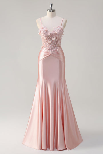 Sirena rosa brillante Tirantes de espagueti Corsé Flores Vestido de fiesta largo de satén